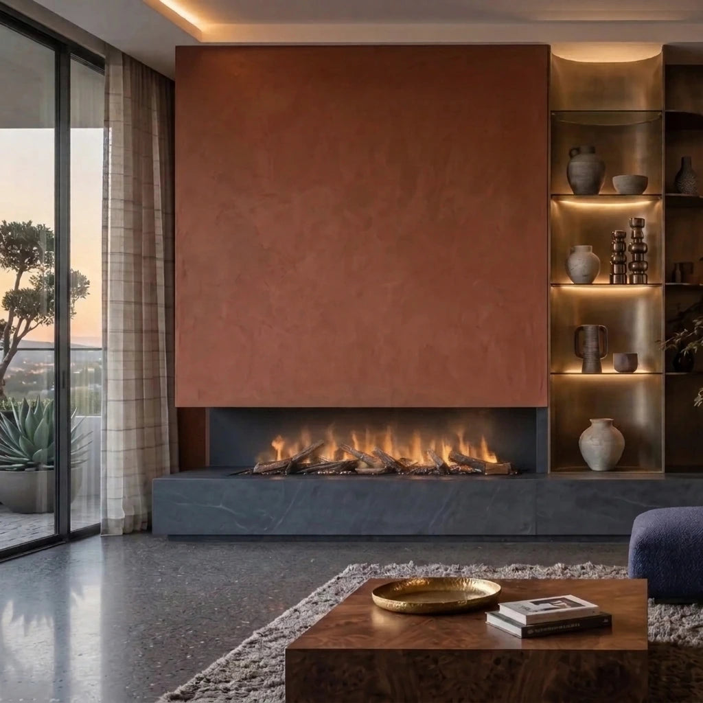 Dimplex Triton 1500 water vapour fireplace with logs in a terracotta plaster wall and slate plinth