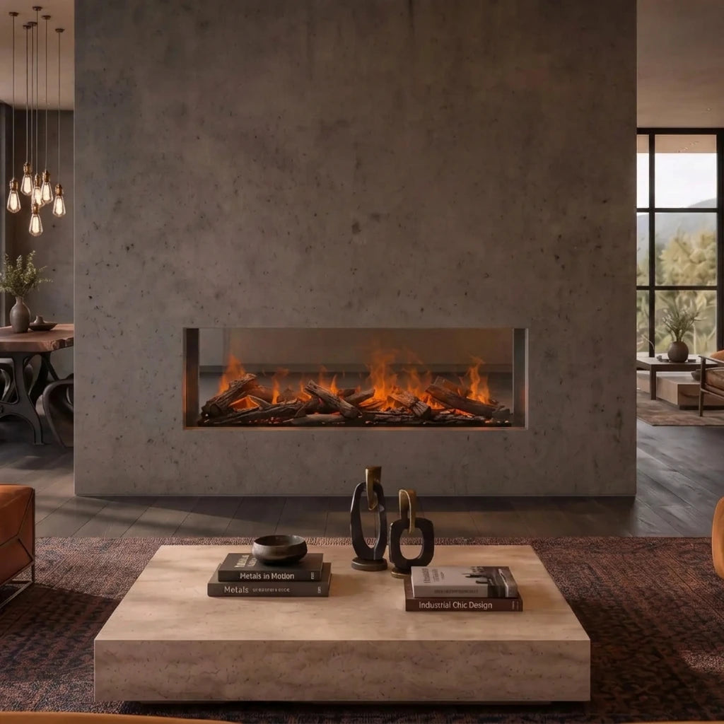Dimplex Triton 1000 water vapour fireplace as a see-through divider wall in a modern living room