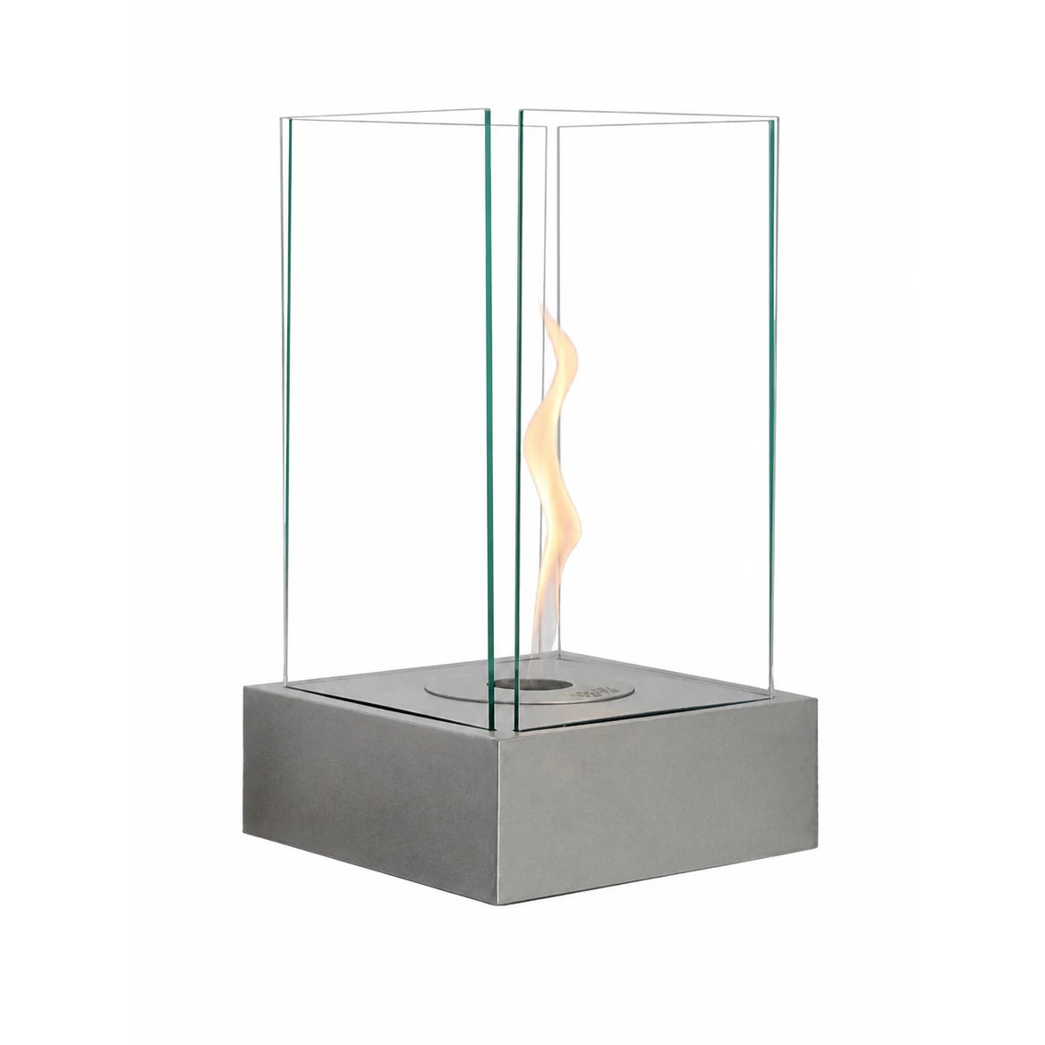 Hydro steel bioethanol fireplace with a tall lit spiral flame, white studio background