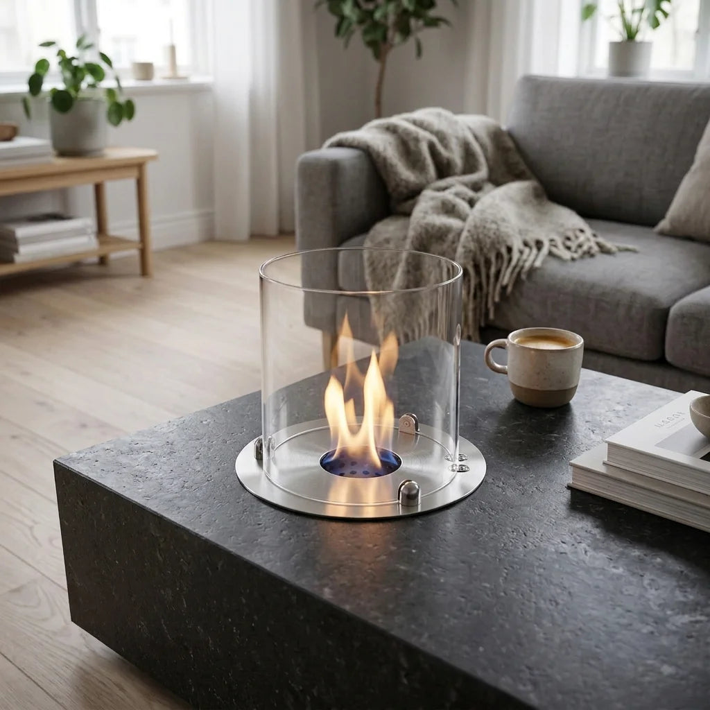 Round built-in bio fireplace lit in a solid dark stone coffee table in a Scandinavian living room