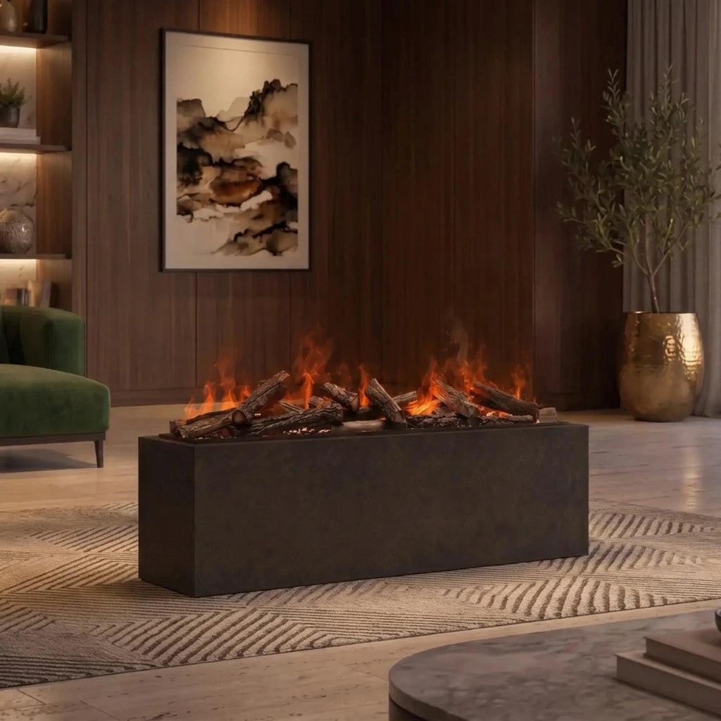 Dimplex Triton 1000 water vapour fireplace with decorative logs built into a box on a rug