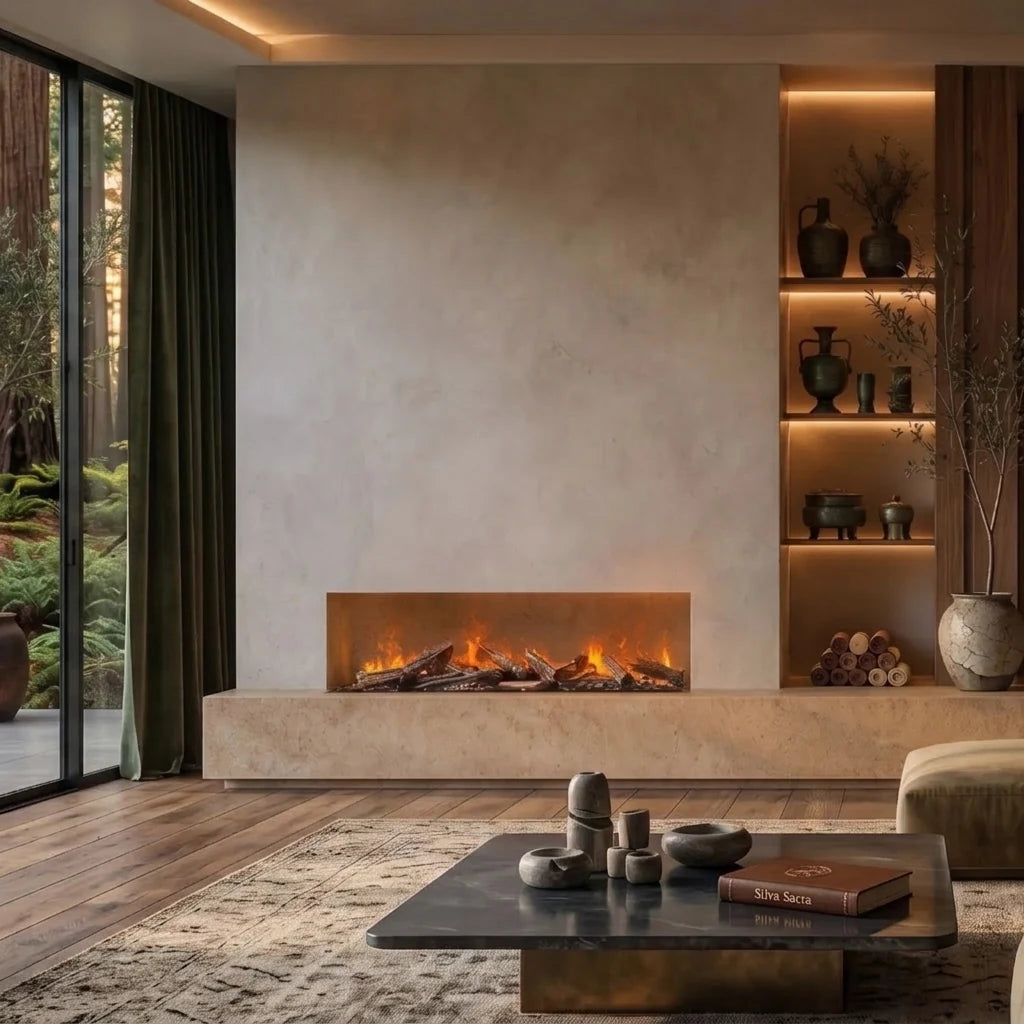 Dimplex Triton 1000 water vapour fireplace with logs in a stone surround next to lit shelves