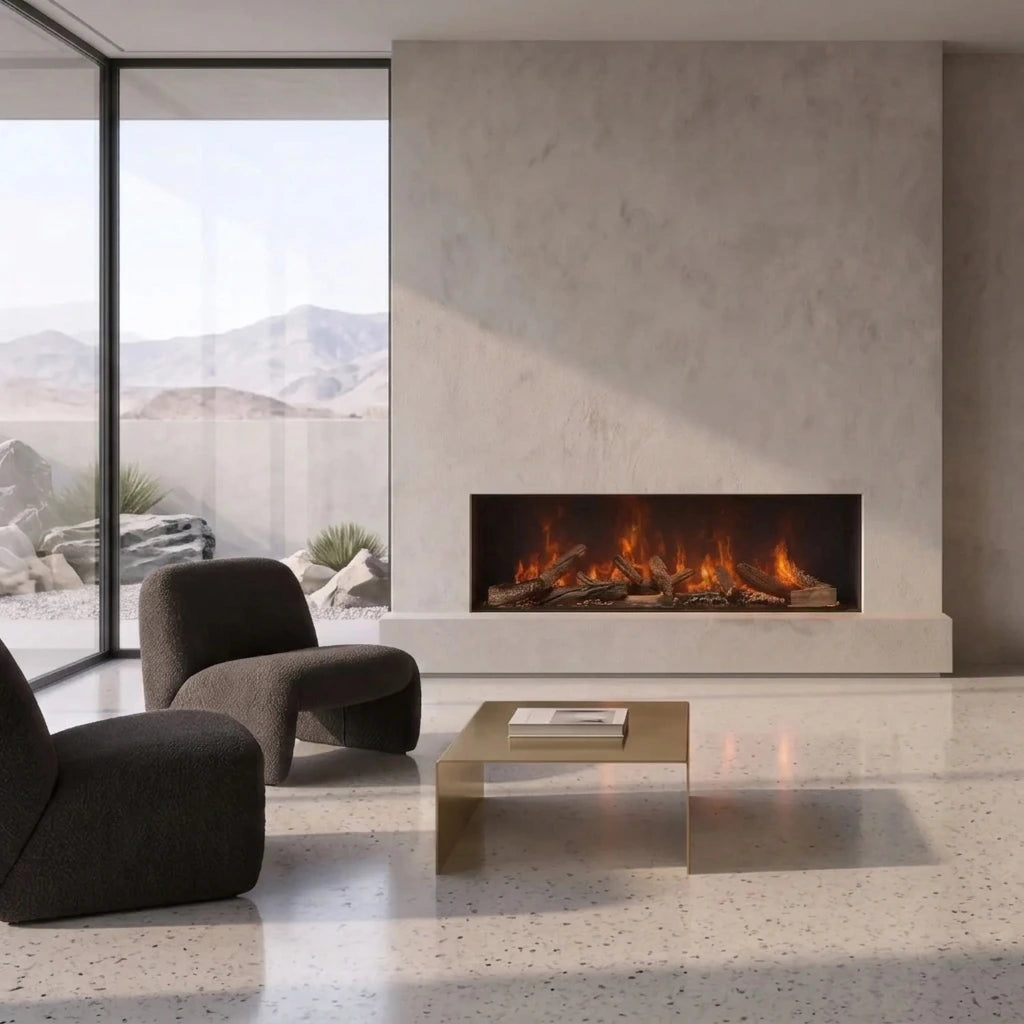 Dimplex Triton 1000 water vapour fireplace in a bright living room with terrazzo floor and mountain view