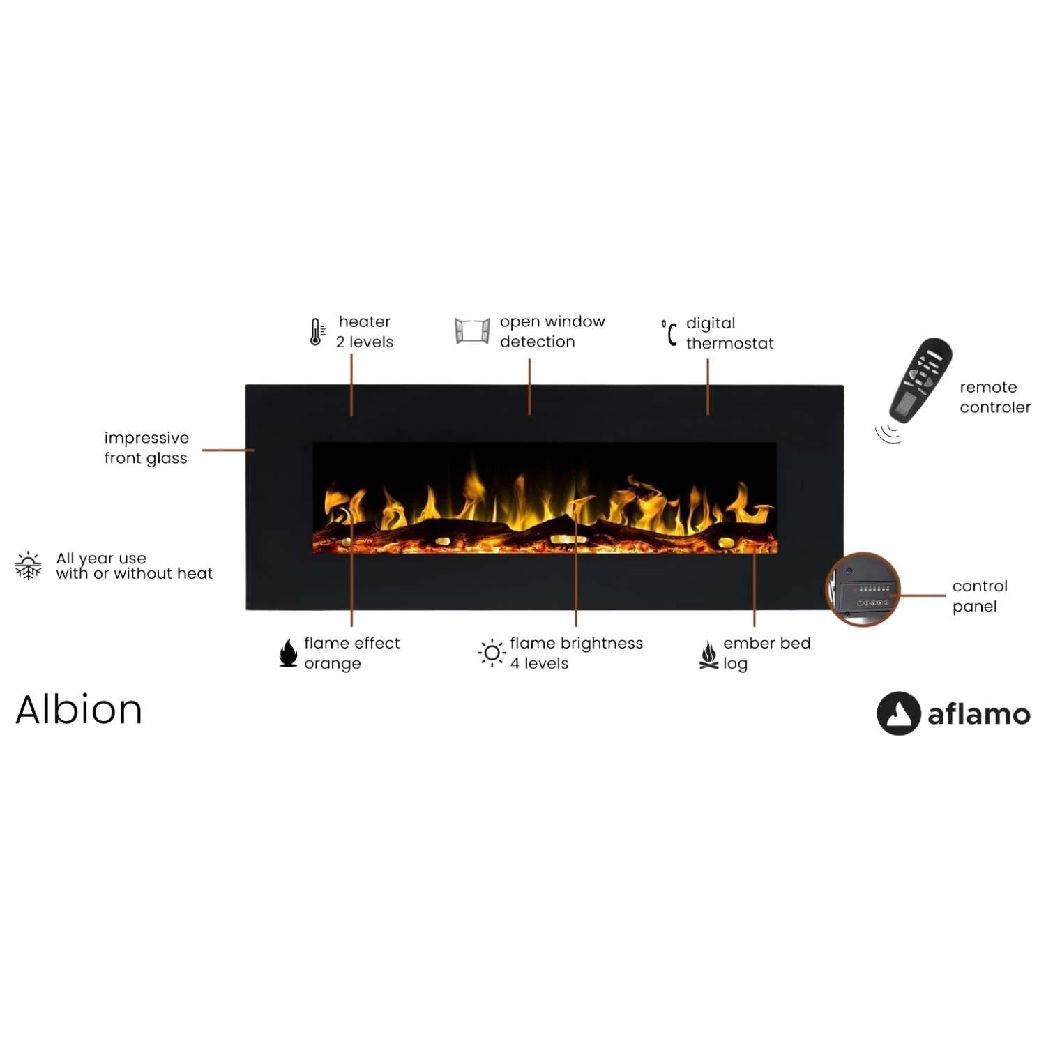 Albion 110 cm - Nástenný elektrický krb