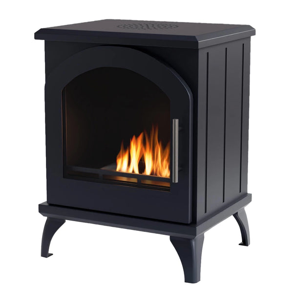 ScandiFlames Austin black bioethanol stove with lit flame, angled studio view