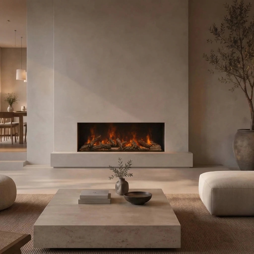 Dimplex Triton 1000 water vapour fireplace with logs built into a plaster wall above a stone plinth