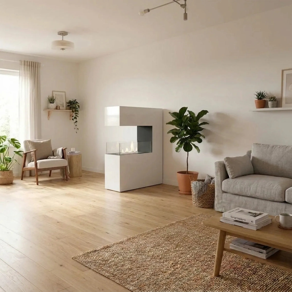 Tall white bio fireplace with lit flame standing against the wall in a bright living room