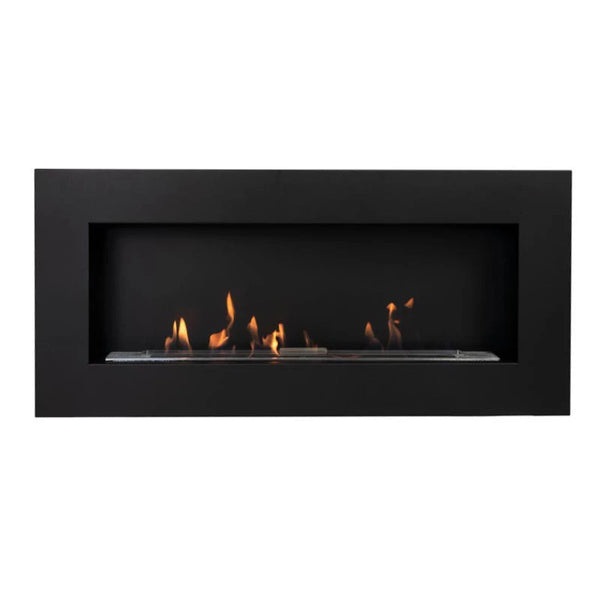Murus 1200 black bio fireplace, front view on white background, lit with a realistic flame
