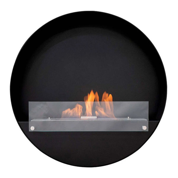 Delaware XL black round bio fireplace, front view on white background, lit with a realistic flame