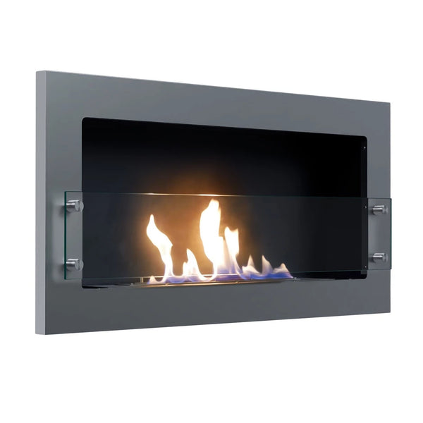 Texas steel-grey wall-mounted bioethanol fireplace, angled view on white background with a lit realistic flame