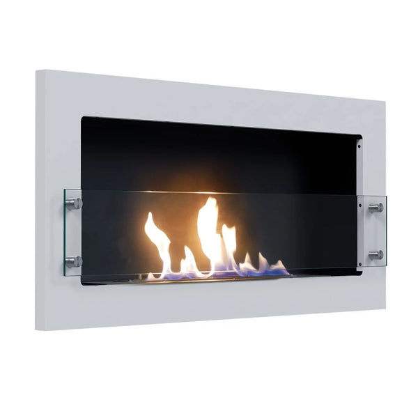Texas white wall-mounted bioethanol fireplace, angled view on white background with a lit realistic flame