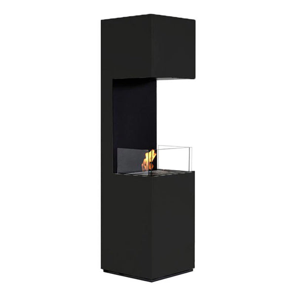 Open 3-Sided black bioethanol fireplace with a lit flame, white studio background