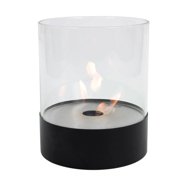 Southwark black round tabletop bioethanol fireplace, lit flame, studio view