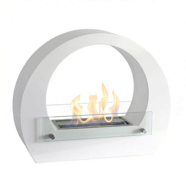 Dallas White freestanding bio fireplace with arch design and lit realistic flame, angled studio shot on white background