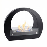 Dallas Black round bio fireplace, angled studio shot on white background, lit with a realistic flame