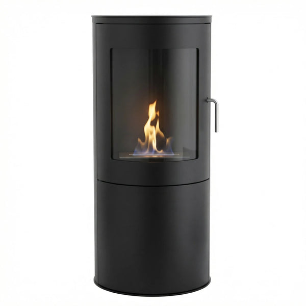 Richmond bioethanol fire stove with flat back, lit flame, front angled view