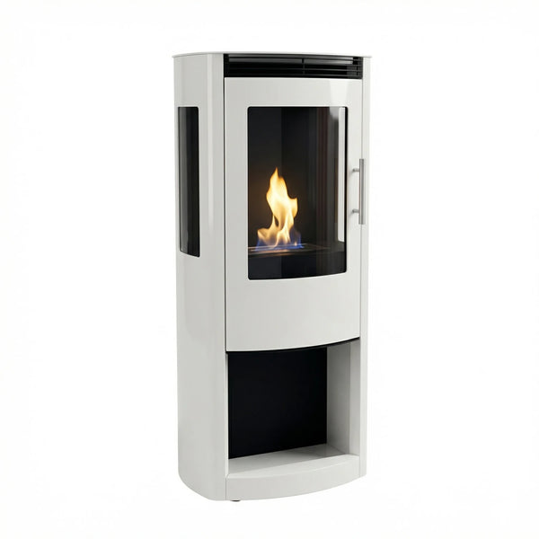 Lincoln white freestanding bioethanol wood-burning stove with lit flame, angled studio view