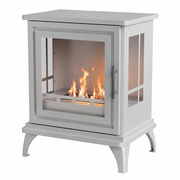 ScandiFlames Nashville white freestanding bioethanol stove with a lit flame, angled studio view