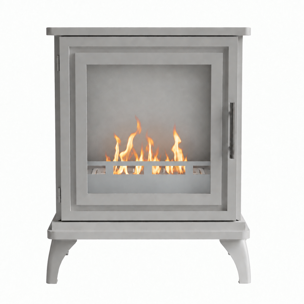 ScandiFlames Nashville white freestanding bioethanol stove with a lit flame, front studio view