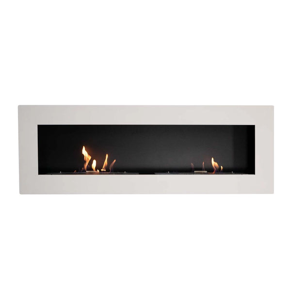 Murus 1600 matte white bio fireplace, front view on white background, lit with a realistic flame