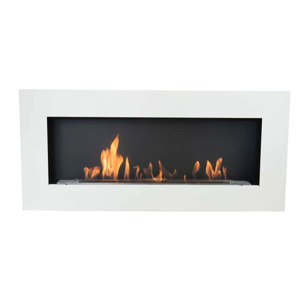 Murus 1200 matte white bio fireplace, front view on white background, lit with a realistic flame