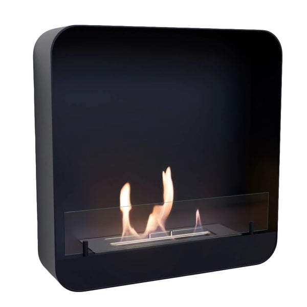 Ohio 60 Black wall-mounted bio fireplace with lit flame, angled studio shot on white background