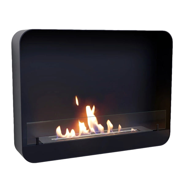 Ohio 80 Black wall-mounted bio fireplace with lit flame, angled studio shot on white background