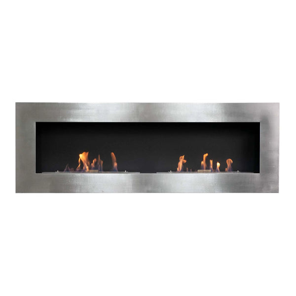 Murus 1600 brushed steel bio fireplace, front view on white background, lit with a realistic flame