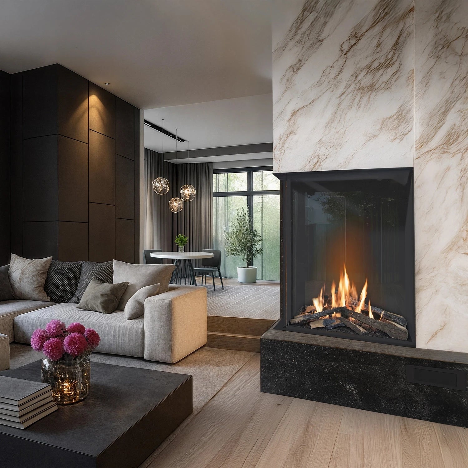 Planika Vitro Left Corner glass-enclosed bioethanol fireplace with black finish on white background
