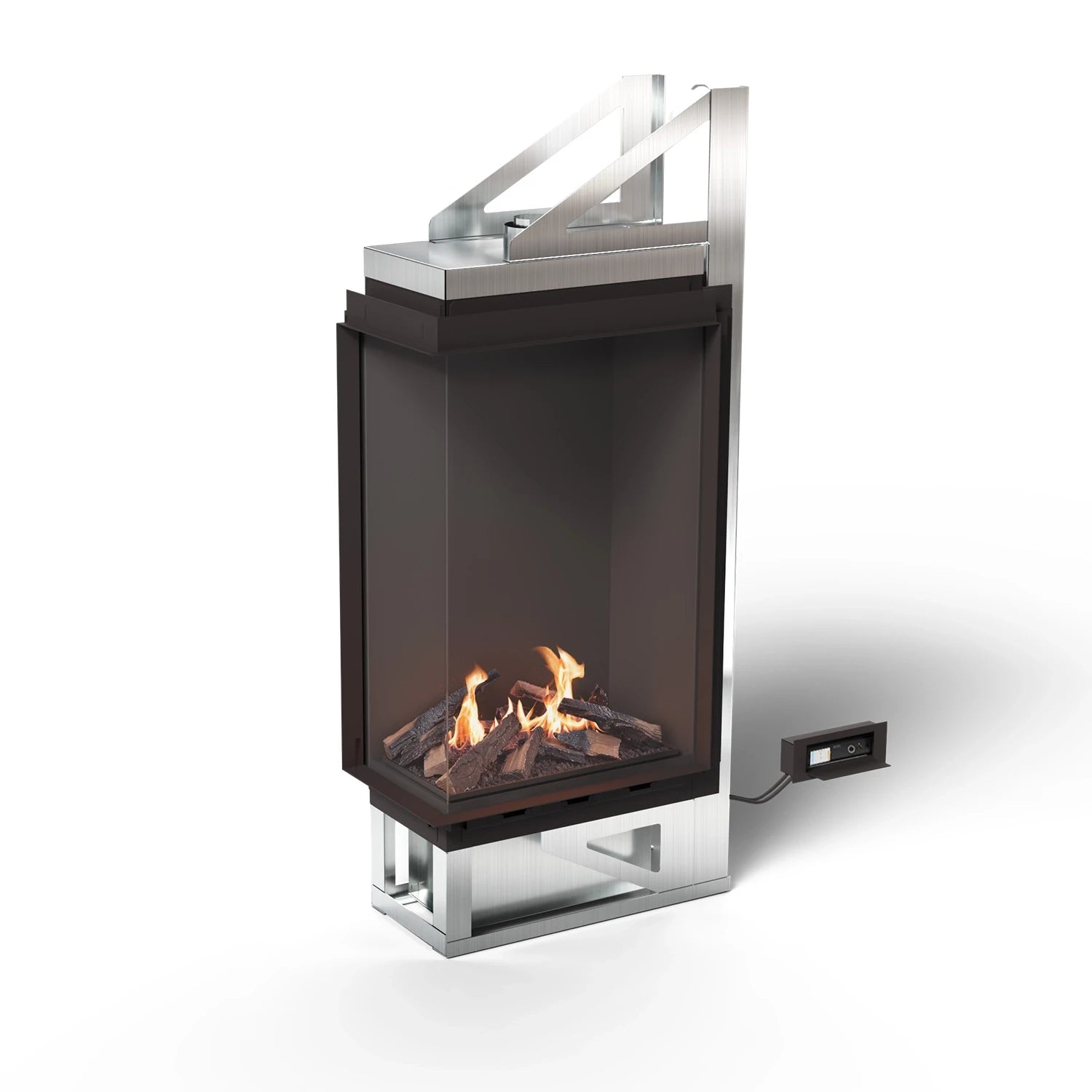 Planika Vitro Left Corner glass-enclosed bioethanol fireplace with black finish on white background