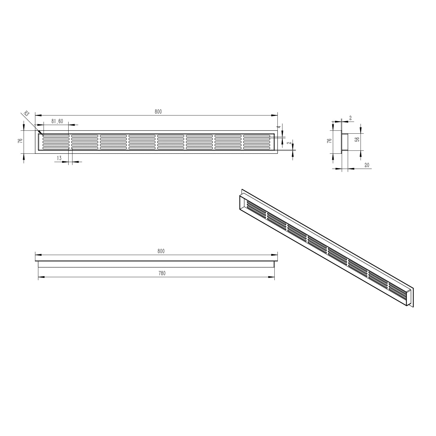 Ventilačná mriežka čierna – 80×7,6 cm – 210 cm²