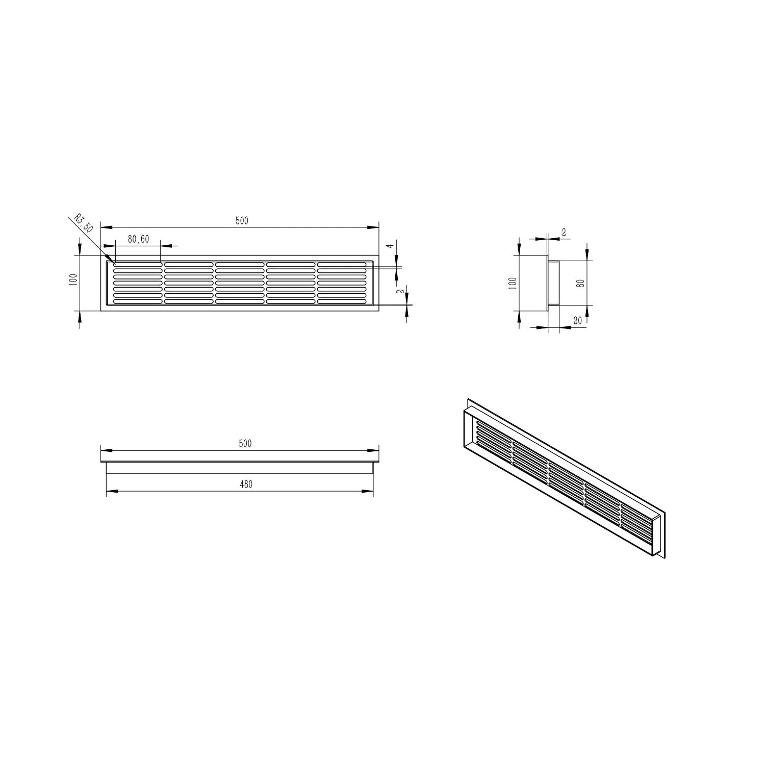 Ventilačná mriežka biela – 50×10 cm – 214 cm²